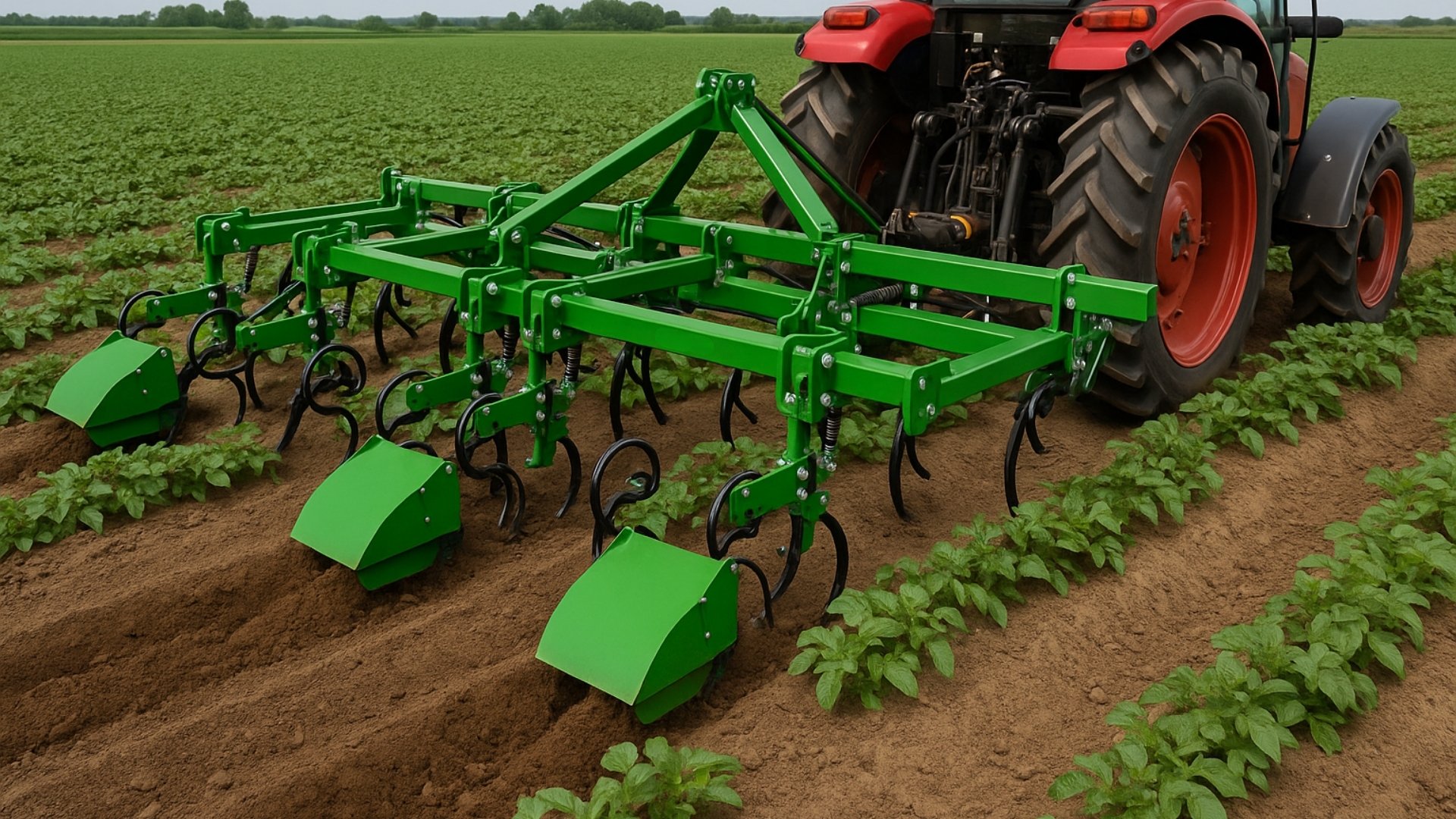Traktor z zaczepionym pielnikoobsypnikiem podczas pracy na polu z równo posadzonymi rzędami młodych ziemniaków